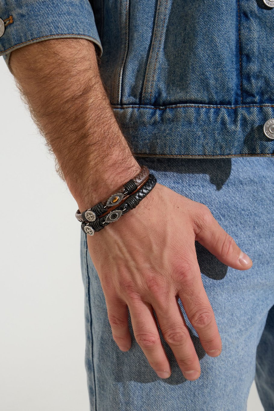 Herrenarmband mit Steinen geflochten - Silber/Schwarz Bild3